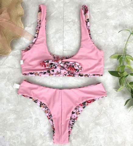 Sexy Cute Pink Floral Print Vest Type Two Side Wear Knot Two Piece Bikini On Luulla