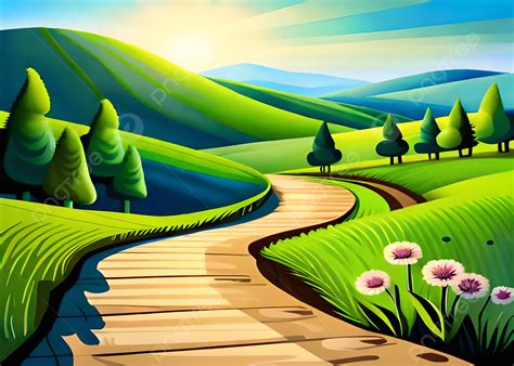 草原と山の美しい夕日の道イラスト 日没 山 緑背景壁紙画像素材無料ダウンロード Pngtree
