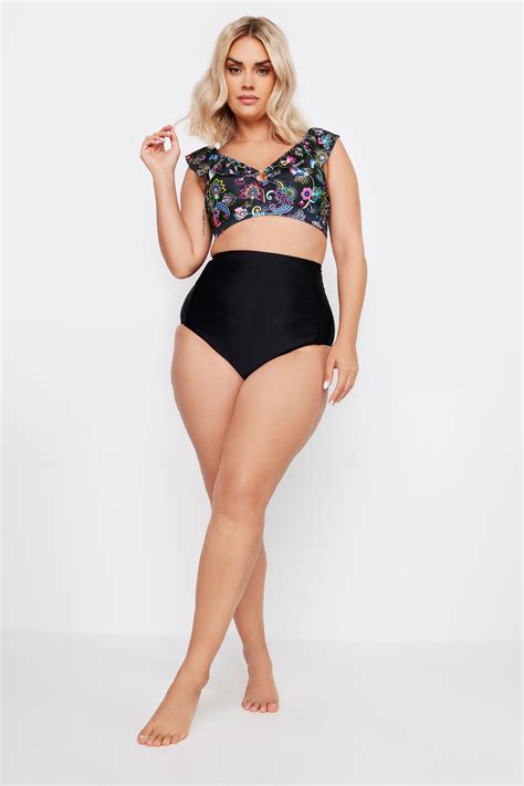 Yours Plus Size Black Paisley Print Frill Bikini Top Yours Clothing