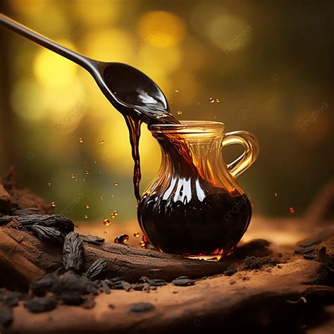 A Spoon Pouring Molasses Into Glass Pitcher Background Molasses
