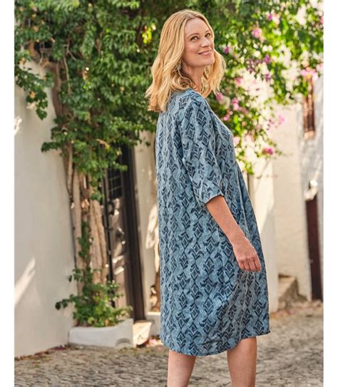 Textured Woodblock Print Womens Linen Pocket Tunic Dress Woolovers Us