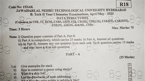 JNTUH R18 B TECH DS Question Paper 2023 CSE II YEAR I SEM Jntuh Cse