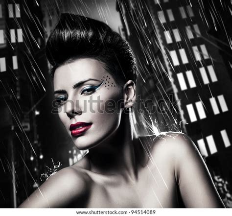 Sexy Brunette Woman Red Lips Rainy Stock Photo Shutterstock