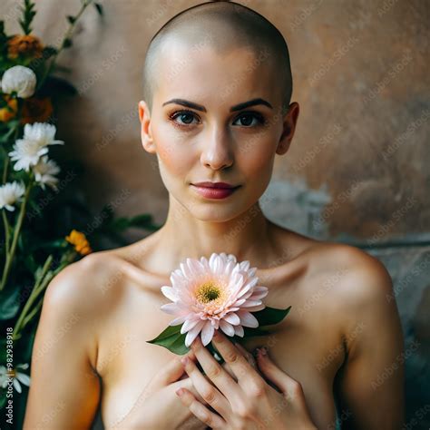 Beautiful Naked Girl Without Hair Clutching A Pink Flower To Her Chest Highlights The Beauty