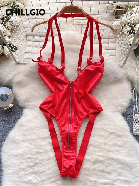 Chillgio Women Zipper Halter Bodysuits Fashion One Piece Combination Onesie Lingerie Skinny