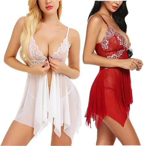Women Sexy Night Dress Erotic Lingerie Front Closure Transparent Lace Underwear Floral
