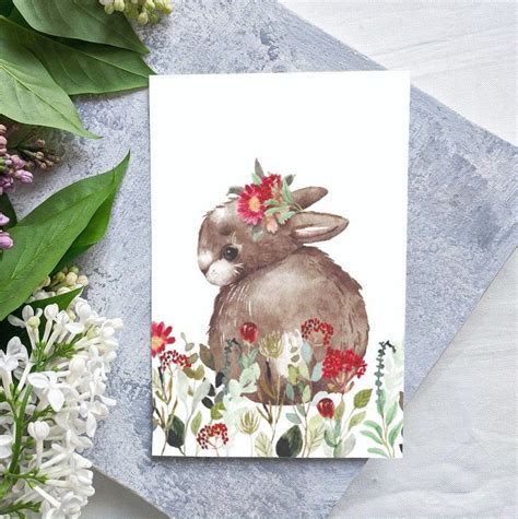 Digital Easter Printable Watercolor Rabbit With Wild Flowers Etsy In