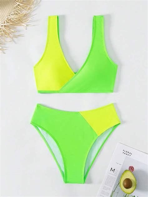 Color Block Bikini Set Surplice Bra High Waisted Bottom Piece Bathing Suit Shein Usa