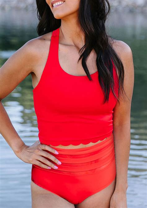 Sexy Sport Scalloped High Waist Bikini Red