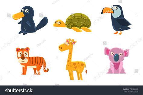 Collection Cute Exotic Animals Tiger Giraffe Stock Vector Royalty Free