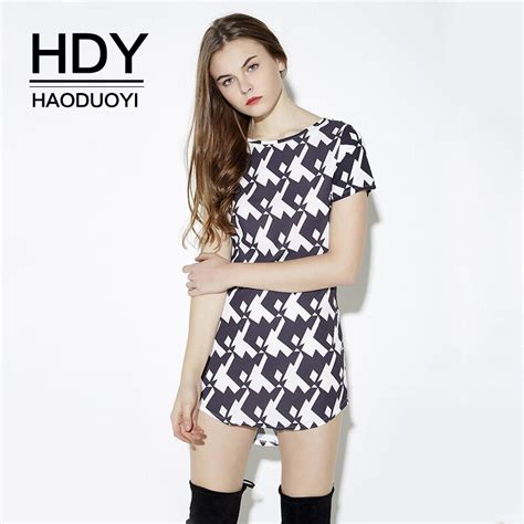 HDY Haoduoyi Brand Women Black White Contrast Abstract Print High Low