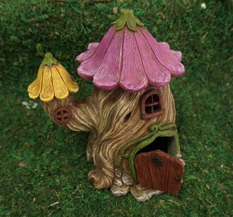 Stump Fairy House With Flower Roofs Miniature Fairy Gardens Fairy