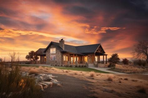 Premium AI Image | Ranch house exterior with dramatic sunset showcasing ...