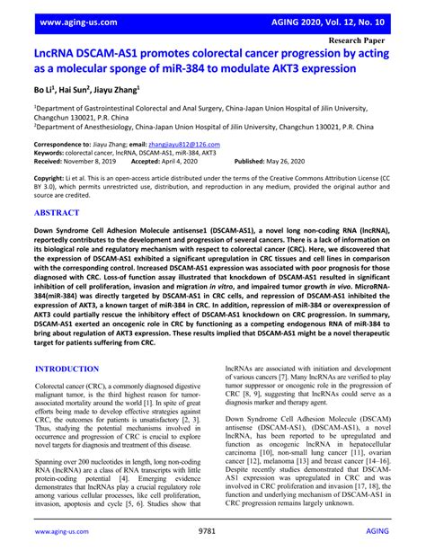 Pdf Lncrna Dscam As Promotes Colorectal Cancer Progression By Acting