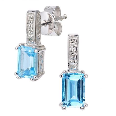 SPARKLD 9ct White Gold Octagon Blue Topaz And 0 03ct Diamond Drop