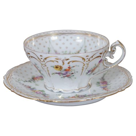 antique hirsch dresden polychrome porcelain teacup  saucer roses
