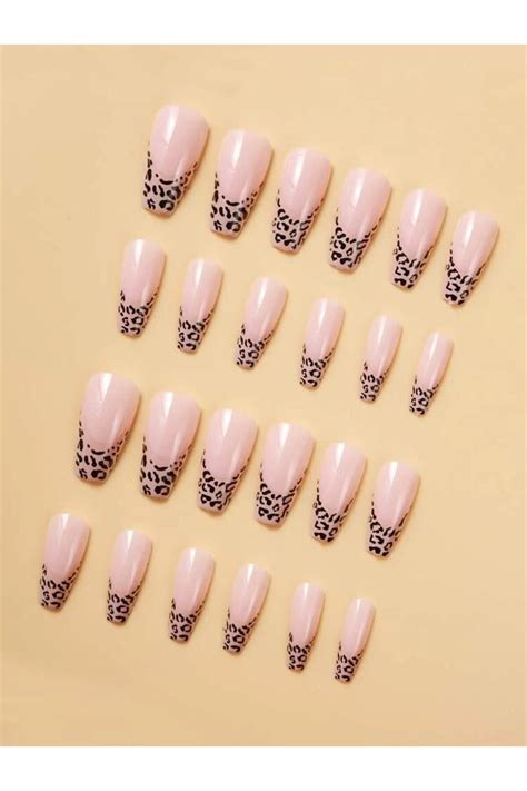 EDA LUXURY BEAUTY 24 lü Nude Pembe Leopar French Takma Tırnak Lüks Doğal Desenli Extra Uzun Kare