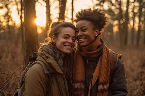 Premium Photo Happy Smiling Lesbian Couple In Love Girlfriends Hugging And Smiling In Nature