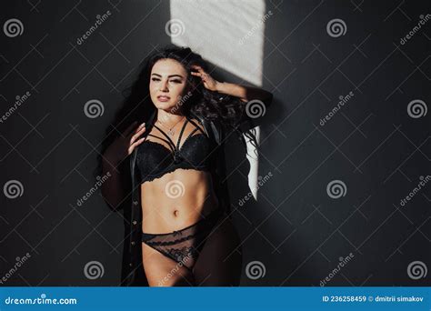 Beautiful Brunette Woman In Black Lingerie Poses Portrait Stock Image Image Of Grace Girl