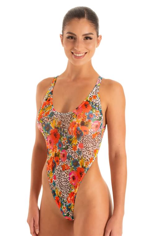 Womens One Piece Thong Swimsuit In Semi Sheer Hibiscus Printed Stretch