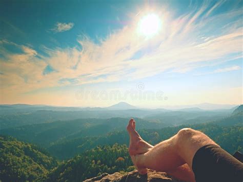 Naked Male Hairy Legs On Peak Of Rock Above Misty Valley Stock Image Image Of Legs Nature