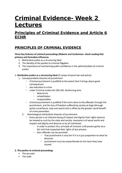 CE Week 2 Lecture Notes Criminal Evidence Week 2 Lectures Principles