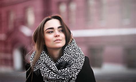 Women Brunette Brown Eyes Open Mouth Scarf Depth Of Field Looking