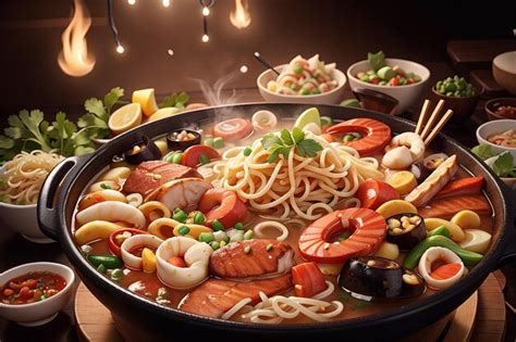 Premium Photo Noodles Spicy Boil With Seafood Shrimp Vegetable Food And Pork In Hot Pot
