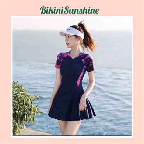 Có size M L XL Bikini đồ bơi đi biển một mảnh dây kéo trước phối họa tiết tay ngắn form váy