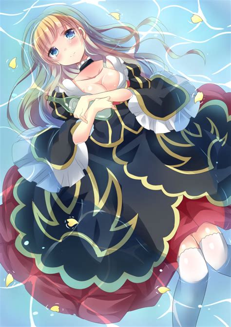 Safebooru Girl Beatrice Blonde Hair Blue Eyes Bottle Breasts Choker Cleavage Dress Hair Down