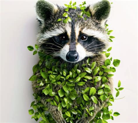 Raccoon Sitting on Top of Pile of Green Leaves Next To White Wall. AI ...