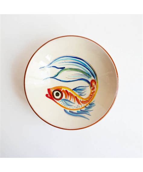 ASSIETTE CREUSE EN TERRE CUITE MOTIF POISSON JAUNE