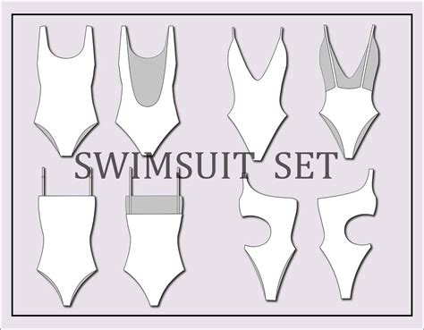 Swimsuit Set Bundle Vector Fashion Flat Sketch For Adobe Illustrator Technical Drawing Bikini
