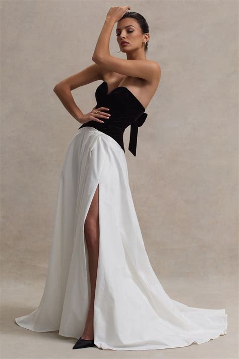 Lucienne Black & Cream Sweetheart Corset Split Maxi Dress – Club L