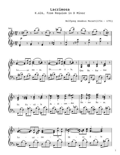 Piano Music Sheets Lacrimosa K From Requiem In D Minor Wolfgang