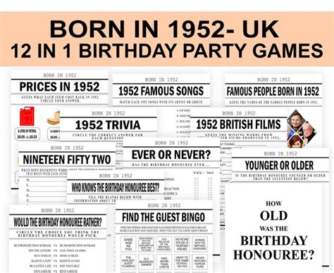 72nd Birthday Party Games British Born in 1952 Birthday Games Bundle UK