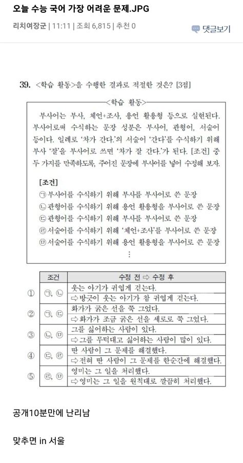 더쿠 - 오늘 수능 국어 가장 어려운 문제.JPG