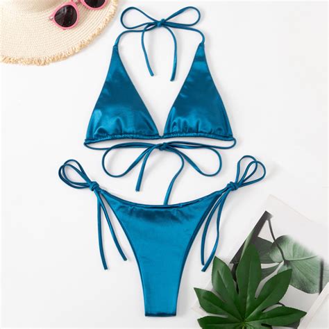 Hcntes Women String Bikini Set Halter Side Tie Two Piece Swimsuit Triangle Bathing Suits S Sky