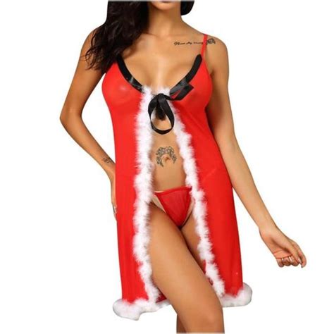 Femmes Sexy Rouge De Noël Lingerie Sexy Jupe Fendue Tenue De Noël Sexy Lingerie Pyjama l33384
