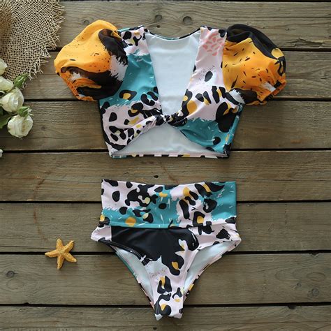 Jual Sexy Women Puff Sleeve Bikini Set Bandeau Swimwear Printed Swimsuit High Waist Bathing