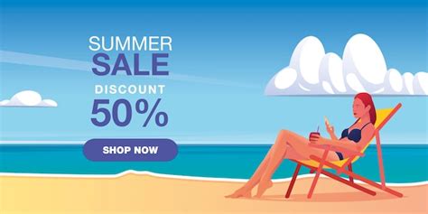 Premium Vector Summer Sale Banner Template Design With Woman In Bikini Sits On The Beach