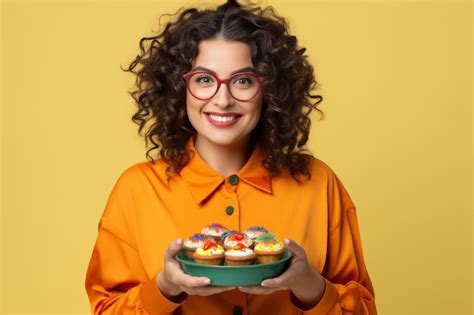 Premium Photo Cheerful Smiling Brunette Woman In Glasses Holding