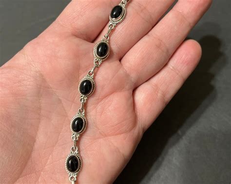 Black Onyx Link Bracelet Black Onyx Bracelet Black Onyx Sterling Silver Bracelet Sterling