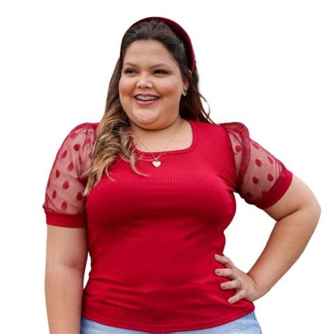 Blusa Plus Size Blusinha Canelada Manga Princesa Tule Po Bufante Moda