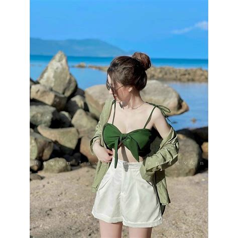 Set bộ bikini đi biển 3 món siêu hot hit chất liệu coton lanh phối tơ sước cao cấp 3 màu như