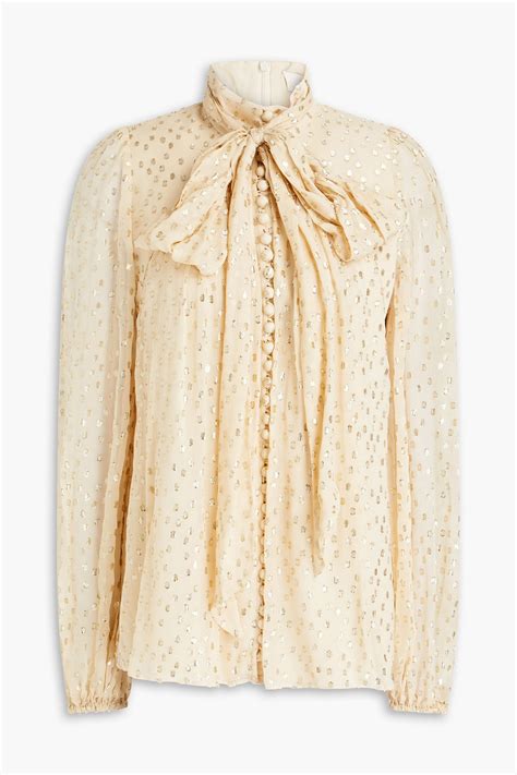 Zimmermann Pussy Bow Metallic Fil Coup Silk Blend Georgette Blouse In Cream Modesens