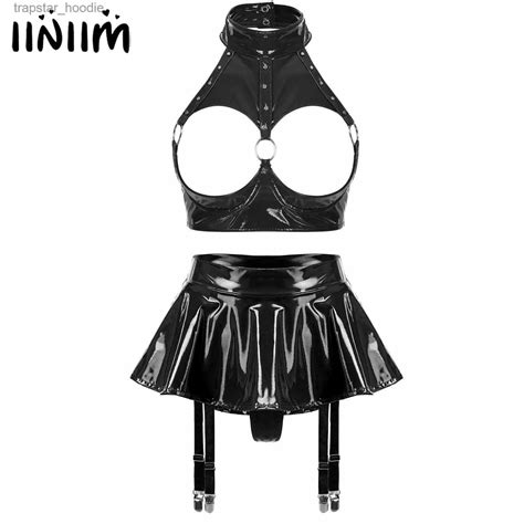 Patent Leather Garter Bra Top With Ruffle Thongs And Mini Skirt Sexy Lingerie Set From Trapstar