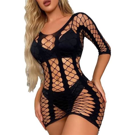 Nuisette Femme Sexy Mini Robe Transparente Lingerie Fishnet Body Combinaison Ouverte Babydoll