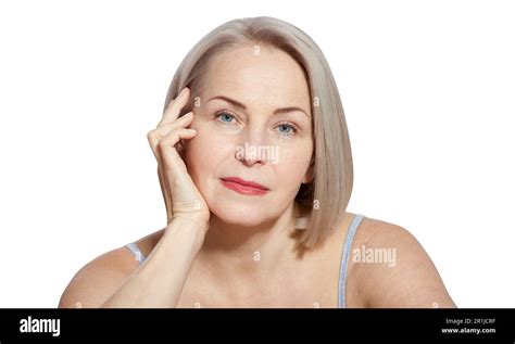 Beautiful Middle Aged Blonde Woman Shows Off Her Perfectly Well Groomed Face Macro Face