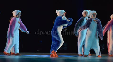 Children In A Suit Of Penguins Dance On A Stage Children`s Danc